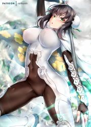 Rule 34 | 1girl, arm guards, aura, black hair, blush, bodysuit, breasts, bun cover, cameltoe, cape, chinese clothes, covered erect nipples, covered navel, double bun, eyeliner, fate/grand order, fate (series), fingerless gloves, floating hair, gloves, green eyes, hair between eyes, hair bun, holding, holding polearm, holding spear, holding weapon, large breasts, leg up, looking at viewer, makeup, open mouth, patreon username, polearm, qin liangyu (fate), rei kun, shoes, sidelocks, skin tight, solo, spear, taut bodysuit, weapon, white bodysuit, wind