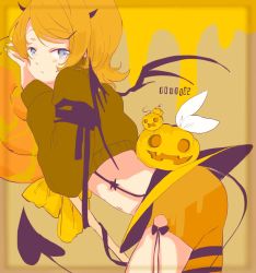 Rule 34 | 1girl, arm ribbon, asymmetrical clothes, bad id, bad twitter id, blonde hair, blue eyes, bow, candy, crop top, demon horns, demon tail, demon wings, food, hair bow, hair ornament, hairclip, halloween, highres, horns, kagamine rin, leaning, lollipop, midriff, mini wings, nail polish, navel, oyamada (pi0v0jg), parted lips, pumpkin, ribbon, short hair, shorts, sketch, solo, sweater, tail, vocaloid, wings, yellow nails