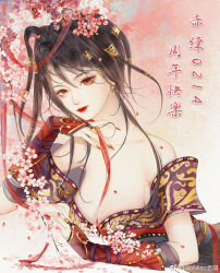 Rule 34 | 1girl, absurdres, bare shoulders, black hair, breasts, chi lian (qin shi ming yue), closed mouth, dress, falling petals, flower, gloves, hand on own chin, highres, laoming lao miao, large breasts, medium hair, multi-tied hair, off-shoulder dress, off shoulder, partially fingerless gloves, petals, qinshi mingyue, red dress, sash, smile, solo, streamers, upper body