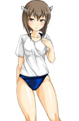 Rule 34 | 1girl, blue one-piece swimsuit, brown eyes, brown hair, commentary request, contrapposto, cowboy shot, headband, headgear, kantai collection, kudou (ooabareteng), looking at viewer, one-piece swimsuit, school swimsuit, shirt, short hair, simple background, solo, standing, swimsuit, swimsuit under clothes, t-shirt, taihou (kancolle), white background, white shirt
