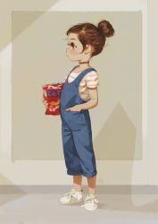 Rule 34 | 1girl, alkemanubis, bag of chips, brown eyes, brown hair, child, choker, denim, earrings, female focus, food, from side, full body, grey background, hair bun, hand in pocket, highres, holding, holding food, jewelry, looking away, original, overalls, profile, shadow, shirt, shoes, short hair, simple background, single hair bun, sneakers, solo, standing, striped clothes, striped shirt, stud earrings