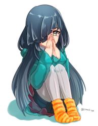 Rule 34 | 10s, 1girl, black hair, blush stickers, cold, fluffy legwear, front-seamed legwear, grey eyes, hair over one eye, hayashimo (kancolle), jacket, kantai collection, long hair, noguruma, own hands together, pantyhose, pleated skirt, seamed legwear, shorts, shorts under skirt, simple background, skirt, socks over pantyhose, solo, twitter username