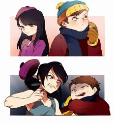 Rule 34 | 1boy, 1girl, black hair, blood, blood on hands, brown hair, clenched hand, clenched teeth, eric cartman, fighting, hat, naoko (juvenile), scarf, south park, tagme, teeth, wendy testaburger