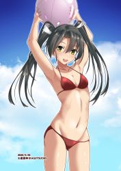 Rule 34 | 1girl, artist name, ball, beachball, bikini, blue sky, breasts, cleavage, cloud, collarbone, commentary request, cowboy shot, dark green hair, dated, head tilt, highres, kagutsuchi (victoragna), kantai collection, long hair, looking at viewer, red bikini, sky, small breasts, smile, solo, standing, swimsuit, twintails, yellow eyes, zuikaku (kancolle)