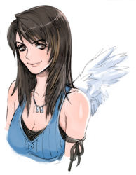 Rule 34 | 1990s (style), 1girl, angel wings, bare shoulders, brown eyes, brown hair, female focus, final fantasy, final fantasy viii, jewelry, long hair, necklace, rinoa heartilly, solo, white background, wings, yurizuka (sergeant heart)