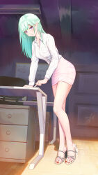 Rule 34 | 1girl, bare legs, breasts, collarbone, collared shirt, feet, green hair, high heels, highres, indoors, leaning forward, leaning on table, legs, long hair, long legs, looking at viewer, medium breasts, nail polish, office, office lady, original, parted lips, pencil skirt, pointing, pointing down, purple eyes, red nails, shirt, shirt tucked in, skirt, solo, strappy heels, swept bangs, thighs, toeless footwear, toenail polish, toenails, toes, wcks0774, white footwear, white shirt, white skirt
