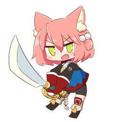 Rule 34 | 1girl, 7th dragon, 7th dragon (series), :d, animal ear fluff, animal ears, belt, belt buckle, bike shorts, black footwear, black shorts, blue jacket, blush, boots, buckle, cat ears, chibi, commentary request, fang, fighter (7th dragon), full body, gloves, green eyes, hair between eyes, hair bobbles, hair ornament, harukara (7th dragon), highres, holding, holding sword, holding weapon, jacket, knee boots, long sleeves, naga u, one side up, open mouth, pink hair, red gloves, short shorts, shorts, simple background, smile, solo, striped clothes, striped thighhighs, sword, thighhighs, thighhighs under boots, two-handed, v-shaped eyebrows, weapon, white background, white belt