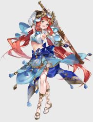 Rule 34 | 1girl, :d, arm up, blue bow, blush, bow, breasts, brooch, commentary request, crop top, detached sleeves, artistic error, full body, genshin impact, green eyes, green nails, hand up, harem outfit, highres, holding, holding weapon, horns, jewelry, large bow, large breasts, long hair, long sleeves, looking at viewer, medium breasts, nail polish, navel, nilou (genshin impact), open mouth, puffy long sleeves, puffy sleeves, red hair, skirt, smile, solo, soraneko hino, stomach, twintails, veil, weapon, wrong foot