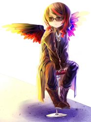 Rule 34 | 1boy, androgynous, bad id, bad pixiv id, black hair, boots, coat, fengtian, glasses, jewelry, linked horizon, male focus, multicolored hair, nail polish, necklace, red hair, revo, sitting, sleeves past wrists, solo, stool, two-tone hair, wings