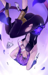 Rule 34 | 1girl, absurdres, armpits, blush, fate/prototype, fate/prototype: fragments of blue and silver, fate (series), flower, gloves, hassan of serenity (fate), highres, knife, mask, navel, nipples, open mouth, pants, purple eyes, purple hair, short hair, torn clothes, weapon