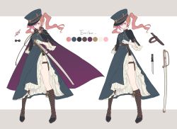 Rule 34 | 1girl, boots, brown hair, cape, character sheet, cherry blossoms, closed mouth, commission, commissioner upload, emiko (riftdevils), hat, highres, naozi, original, pink eyes, solo, standing, sword, thigh strap, twintails, weapon