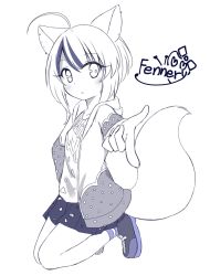 Rule 34 | animal ear fluff, animal ears, bare legs, chaakusu, commentary request, ear piercing, earrings, fennery (show by rock!!), finger gun, fox ears, fox tail, highres, hood, hood down, hoodie, jewelry, kneeling, long sleeves, monochrome, multicolored hair, open clothes, open hoodie, parted lips, piercing, pleated skirt, shirt, show by rock!!, simple background, sketch, skirt, streaked hair, tail