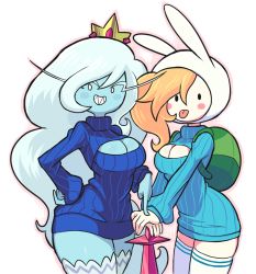 Rule 34 | 2girls, :p, adventure time, animal ears, animal hood, backpack, bag, blonde hair, blue skin, blush stickers, breasts, cartoon network, cleavage, cleavage cutout, clothing cutout, colored skin, crown, fionna the human girl, gashi-gashi, genderswap, genderswap (mtf), grin, hand on own hip, hat, hood, ice queen (adventure time), large breasts, long hair, meme attire, multiple girls, open-chest sweater, planted, planted sword, planted weapon, rabbit ears, ribbed sweater, sharp teeth, silver hair, smile, sweater, sword, teeth, thick thighs, thighhighs, thighs, tongue, tongue out, turtleneck, very long hair, weapon, white legwear, wide hips