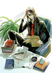 Rule 34 | 1boy, absurdres, ashtray, black hair, book, cigarette, desk, fate/grand order, fate (series), formal, glasses, hand in own hair, highres, long hair, lord el-melloi ii, male focus, necktie, papers, pixiv fate/grand order contest 1, plant, reading, smoking, solo, suit, waver velvet, white2013