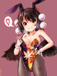 Rule 34 | 1girl, alternate costume, animal ears, bad id, bad pixiv id, bare shoulders, black hair, blush, bow, breasts, breath, cleavage, clothing cutout, hair bow, hair ribbon, heart, highres, kemonomimi mode, large breasts, leaf, leotard, looking at viewer, looking down, maple leaf, navel, navel cutout, pantyhose, pink background, playboy bunny, pom pom (clothes), pyonsuke (pyon2 mfg), rabbit ears, red eyes, ribbon, shameimaru aya, short hair, signature, simple background, smile, solo, spoken heart, string, sweat, touhou, wings, wristband