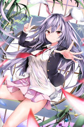 Rule 34 | 1girl, absurdres, animal ears, bamboo, blazer, blush, breasts, cowboy shot, crescent, feet out of frame, finger gun, foreshortening, full moon, hair between eyes, highres, jacket, kuromiko shoujo, leaf, long hair, long sleeves, looking at viewer, miniskirt, moon, necktie, outstretched arm, pink skirt, plant, pleated skirt, purple hair, rabbit ears, red eyes, red necktie, reisen udongein inaba, round window, shirt, skirt, smile, solo, standing, thighs, touhou, very long hair, white shirt, window