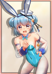 Rule 34 | 1girl, absurdres, alternate costume, animal ears, aqua hair, blue leotard, blue neckwear, blush, breasts, detached collar, detached sleeves, dixie cup hat, double bun, fake animal ears, fang, fishnet pantyhose, fishnets, hair bun, hand on own hip, hat, highres, kantai collection, leotard, medium breasts, military hat, moke ro, open mouth, pantyhose, playboy bunny, pointing, pointing at viewer, rabbit ears, rabbit tail, samuel b. roberts (kancolle), see-through, see-through sleeves, short hair, simple background, solo, star (symbol), tail