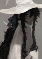 Rule 34 | 1girl, absurdres, black hair, bow, closed mouth, dress, grey background, hair bow, hat, highres, lead white (tsurunoka), long hair, long sleeves, looking at viewer, original, purple bow, red eyes, simple background, solo, tsumetai (tsurunoka), upper body, white dress, white hat, witch hat