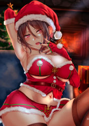 Rule 34 | 1girl, arm behind head, armpits, artist name, bang dream!, black hair, black thighhighs, blue nails, blurry, blurry background, blush, box, breasts, bustier, christmas, christmas tree, cleavage, commission, cowboy shot, dated, earrings, elbow gloves, finger to mouth, fingerless gloves, fireplace, fur-trimmed gloves, fur trim, gift, gift box, gloves, hair between eyes, hat, highres, indoors, jewelry, large breasts, leaning back, lips, looking at viewer, nail polish, navel, noir (nowaru), open mouth, purple eyes, red gloves, santa costume, santa gloves, santa hat, short hair, signature, sitting, skeb commission, skindentation, solo, stomach, teeth, thighhighs, tsurime, underboob, upper teeth only, yashio rui