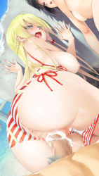 Rule 34 | alice (bishoujo mangekyou), anus, ass, bent over, bikini, bikini pull, bishoujo mangekyou, black bikini, black hair, blonde hair, blue eyes, blush, braid, breasts, censored, clothes pull, cum, cum in pussy, dorothy (bishoujo mangekyou), hair ornament, happoubi jin, highres, huge ass, large breasts, long hair, looking at viewer, looking back, multiple boys, multiple girls, nipples, open mouth, sex, short hair, sideboob, sky, small breasts, striped bikini, striped clothes, swimsuit, tagme, take your pick, vaginal