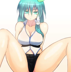 Rule 34 | 1girl, bare shoulders, breasts, cleavage, collarbone, female focus, frog hair ornament, green eyes, green hair, hair ornament, hair tubes, kochiya sanae, large breasts, long hair, matching hair/eyes, onibi (foxhound4185), shorts, solo, spread legs, touhou