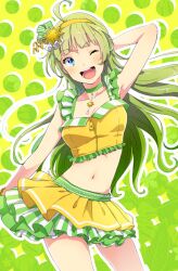 Rule 34 | 1girl, ahoge, arm behind head, armpits, bare arms, blue eyes, blunt bangs, breasts, choker, cleavage, collar, collarbone, collared shirt, commentary request, cowboy shot, crop top, eyelashes, floral background, frilled shirt, frills, gleam, green background, green choker, green collar, green hair, green ribbon, green skirt, hair ornament, hair ribbon, hairband, highres, idol, idolmaster, idolmaster million live!, layered skirt, light blush, long hair, looking at viewer, medium breasts, miniskirt, navel, one eye closed, open mouth, outline, polka dot, polka dot background, ribbon, shimabara elena, shirt, skirt, sleeveless, sleeveless shirt, smile, solo, star (symbol), star choker, star hair ornament, stomach, striped clothes, striped collar, striped ribbon, striped skirt, teeth, two-tone background, vertical-striped clothes, vertical-striped skirt, wavy hair, white outline, witoi (roa), yellow background, yellow hairband, yellow shirt, yellow skirt, zipper pull tab