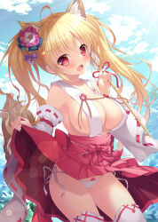 Rule 34 | 1girl, :d, arrow (projectile), blonde hair, blue sky, breasts, cleavage, clothes lift, cloud, covered erect nipples, day, detached sleeves, hamaya, highres, holding, holding arrow, large breasts, lifting own clothes, long hair, long sleeves, mikeou, open mouth, original, outdoors, panties, pleated skirt, red skirt, ribbon-trimmed sleeves, ribbon trim, side-tie panties, skirt, skirt lift, sky, smile, solo, thighhighs, twintails, underwear, very long hair, white panties, white sleeves, white thighhighs, wide sleeves