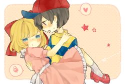 Rule 34 | 1boy, 1girl, :t, black hair, blonde hair, blue eyes, blush, carrying, hat, heart, looking at another, mother (game), mother 2, munuko, ness (mother 2), nintendo, paula (mother 2), princess carry, ribbon