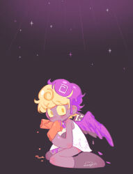 Rule 34 | 2boys, absurdres, angel, angel and devil, angel boy, angel cookie, angel wings, blonde hair, blush, bone, bone print, canibal, cannibalism, colored skin, cookie run, dark purple skin, devil cookie, dress, dripping, drooling, feathers, full body, highres, jewelry, looking at viewer, male focus, multicolored hair, multiple boys, necklace, personification, purple hair, purple skin, red skin, star (symbol), star necklace, stitched leg, stitches, trap, two-tone hair, wenyu, white dress, wide-eyed, wings, yellow eyes, zombie, zombie boy