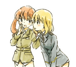 Rule 34 | 2girls, :o, amelie planchard, blonde hair, blush, francie gerard, green eyes, hatopoo (beach7pijon), leaning forward, long hair, long sleeves, lowres, military, military uniform, multiple girls, necktie, open mouth, orange hair, short hair, simple background, strike witches, uniform, white background, world witches series