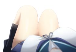Rule 34 | 10s, 1girl, bare shoulders, black socks, blurry, breasts, commentary request, female focus, female pov, highres, kantai collection, kneehighs, knees up, large breasts, ohiya, pov, school uniform, serafuku, simple background, skirt, socks, solo, uniform, ushio (kancolle), white background