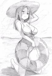 Rule 34 | 1girl, arm up, barefoot, beach, bikini, blush, breasts, cleavage, closed mouth, cloud, cloudy sky, commentary, crotch seam, front-tie bikini top, front-tie top, full body, girls und panzer, graphite (medium), greyscale, half-closed eyes, hand on headwear, hat, highres, holding, holding swim ring, innertube, kneeling, light blush, long hair, looking at viewer, makicha (sasurainopink), medium breasts, monochrome, nonna (girls und panzer), outdoors, side-tie bikini bottom, sky, smile, solo, straw hat, sun hat, swept bangs, swim ring, swimsuit, traditional media
