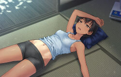 Rule 34 | 1girl, abs, arm on own head, bare shoulders, black hair, black panties, black shorts, boyshort panties, breasts, brown eyes, collarbone, commentary, electric fan, feet out of frame, groin, half-closed eyes, hashi, hot, lying, medium breasts, midriff, navel, on back, on ground, one-piece tan, original, outstretched arm, paid reward available, panties, parted lips, pillow, shadow, short hair, short shorts, shorts, solo, sweat, tan, tank top, tanline, tatami, tomboy, toned, underwear, veranda, very short hair, very sweaty, white tank top, wooden floor, wrinkled fabric