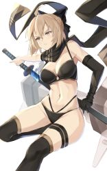 Rule 34 | 1girl, ahoge, bare shoulders, basil (st 1), bikini, black bikini, black gloves, black scarf, black thighhighs, breasts, brown eyes, brown hair, cleavage, closed mouth, commentary request, fate/grand order, fate (series), gloves, groin, highleg, highleg bikini, highres, holding, holding sword, holding weapon, katana, large breasts, looking away, navel, okita j. souji (fate), okita j. souji (first ascension) (fate), okita souji (fate), okita souji (koha-ace), scarf, short hair, single glove, solo, swimsuit, sword, thigh strap, thighhighs, v-shaped eyebrows, weapon, white background
