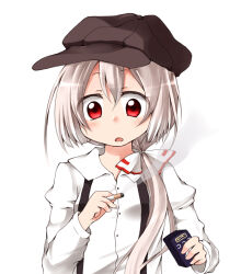 Rule 34 | 1girl, :o, adapted costume, alternate hairstyle, between fingers, black hat, bow, cabbie hat, candy, chocolate cigarette, cigarette, cigarette candy, collared shirt, d:, dot nose, food, fujiwara no mokou, hair between eyes, hair bow, hair over shoulder, hands up, hat, holding, holding cigarette, juliet sleeves, light blush, long hair, long sleeves, low ponytail, nanana (chicken union), open mouth, orion (company), orion cocoa cigarettes, parted lips, product placement, puffy sleeves, red eyes, shirt, side ponytail, simple background, smoke, smoking, solo, suspenders, touhou, upper body, white background, white bow, white hair, white shirt, wing collar