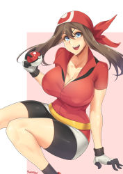 Rule 34 | 1girl, artist name, bad id, bad pixiv id, belt, bike shorts, blue eyes, breasts, brown hair, cleavage, creatures (company), game freak, gloves, highres, large breasts, long hair, looking at viewer, may (pokemon), multicolored clothes, multicolored gloves, nintendo, poke ball, poke ball (basic), pokemon, pokemon rse, smile, solo, stormcow, thighs