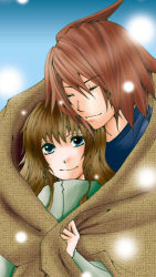 Rule 34 | 00s, anna irving, blue eyes, brown hair, couple, closed eyes, hug, kratos aurion, lowres, red hair, short hair, smile, snow, tales of (series), tales of symphonia