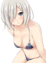 Rule 34 | 10s, 1girl, :o, bare shoulders, bikini, blue eyes, blush, breasts, cleavage, collarbone, hair ornament, hair over one eye, hairclip, hamakaze (kancolle), jiino, kantai collection, looking at viewer, navel, shiny skin, short hair, silver hair, simple background, skindentation, solo, swimsuit, thighs, white background