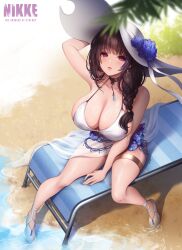 Rule 34 | 1girl, absurdres, bare shoulders, beach, bikini, black hair, blush, braid, breasts, cleavage, collarbone, from above, goddess of victory: nikke, hair over shoulder, hand on headwear, hat, highres, huge breasts, long hair, mary (bay goddess) (nikke), mary (nikke), parted lips, side braid, sitting, solo, sun hat, swimsuit, thighs, toriseru (rare stone), unusually open eyes, white footwear
