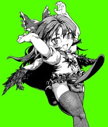 Rule 34 | 1girl, :d, arms up, bird wings, blush, bow, cape, collared shirt, commentary request, cookie (touhou), fang, flat chest, foot out of frame, frilled bow, frilled skirt, frills, green background, greyscale with colored background, hair bow, highres, long hair, looking at viewer, manatsu no yo no inmu, mask, miniskirt, nadeko (cookie), open mouth, puffy short sleeves, puffy sleeves, reiuji utsuho, running, shirt, shoes, short sleeves, simple background, skirt, smile, solo, takuya (acceed), tengu mask, thighhighs, third eye, tonchamon san, touhou, wings