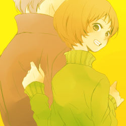 Rule 34 | 1boy, 1girl, atlus, blush, brown eyes, brown hair, clothes grab, couple, grin, height difference, hetero, jacket, looking back, lowres, mysk918, narukami yuu, persona, persona 4, satonaka chie, smile, yellow background