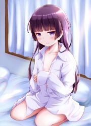 Rule 34 | 1girl, bed, bed sheet, black hair, blush, breasts, collarbone, collared shirt, curtains, gokou ruri, highres, hime cut, indoors, kneeling, light smile, long hair, long sleeves, mole, mole under eye, no bra, on bed, open clothes, open shirt, ore no imouto ga konna ni kawaii wake ga nai, partially unbuttoned, purple eyes, shirt, sitting, small breasts, solo, takatsuki akira, unbuttoned, unbuttoned shirt, white shirt