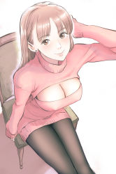 Rule 34 | 1girl, aino (acilealaulica), black pantyhose, breasts, brown eyes, brown hair, chair, cleavage, cleavage cutout, clothing cutout, commentary request, covered erect nipples, dress, earrings, from above, tucking hair, highres, jewelry, large breasts, long hair, looking at viewer, meme attire, mole, mole under eye, open-chest sweater, original, pantyhose, simple background, sitting, sleeves past wrists, smile, solo, sweater, sweater dress, turtleneck, turtleneck sweater