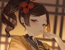 Rule 34 | 1girl, absurdres, brown hair, chiori (genshin impact), commentary, genshin impact, grey kimono, hair ornament, hair stick, hand up, highres, japanese clothes, kimono, long hair, looking at viewer, ponytail, portrait, red eyes, seorang, solo