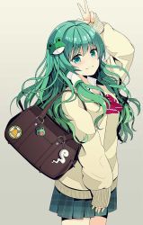 Rule 34 | 1girl, alternate costume, arm up, bag, blush, bow, bowtie, closed mouth, commentary request, cowboy shot, frog hair ornament, gradient background, green eyes, green hair, green nails, grey background, hair ornament, hair tubes, kochiya sanae, long hair, long sleeves, looking at viewer, nail polish, plaid, plaid skirt, pleated skirt, pyonta, red bow, red bowtie, satchel, sidelocks, skirt, smile, solo, touhou, unmoving pattern, v, yellow background, yuuka nonoko