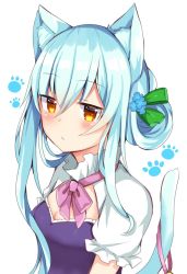 Rule 34 | 1girl, animal ear fluff, animal ears, asymmetrical hair, blue flower, blue hair, blush, bow, breasts, brown eyes, cat ears, cat girl, cat tail, cleavage, closed mouth, commentary request, dress, flower, green bow, hair between eyes, hair bow, hair flower, hair ornament, hair rings, long hair, maki soutoki, original, paw print, paw print background, pink bow, puffy short sleeves, puffy sleeves, purple dress, short sleeves, simple background, small breasts, solo, tail, tail raised, very long hair, white background