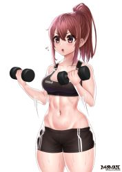 Rule 34 | 1girl, :o, artist logo, bad id, bad pixiv id, bare shoulders, black shorts, black sports bra, blush, breasts, brown eyes, brown hair, collarbone, commentary request, cowboy shot, dumbbell, flying sweatdrops, groin, hair between eyes, holding, long hair, looking to the side, masamune oekaki, medium breasts, midriff, motion lines, navel, open mouth, original, ponytail, short sleeves, shorts, sidelocks, simple background, solo, sports bra, standing, sweat, toned, twitter username, white background