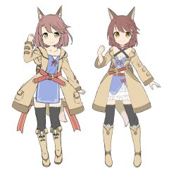 Rule 34 | 1girl, absurdres, amane rosylily, animal ear fluff, animal ears, arm up, belt, belt buckle, black thighhighs, blush, boots, breasts, brown belt, brown coat, brown eyes, brown footwear, brown hair, buckle, cleavage, closed mouth, coat, collarbone, commentary request, dress, fingernails, fox ears, fox girl, fox tail, full body, hand up, highres, hood, hood down, hooded coat, knee boots, multiple views, open clothes, open coat, original, red ribbon, ribbon, sekira ame, simple background, sleeves past wrists, small breasts, smile, standing, tail, thighhighs, thighhighs under boots, white background, white dress