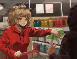 Rule 34 | 1girl, absurdres, animal ears, arknights, bad id, bad pixiv id, blonde hair, chinese commentary, commentary request, doctor (arknights), highres, hood, hoodie, lion ears, lion girl, mask, mask pull, medium hair, mouth mask, ponytail, red hoodie, shop, shopping cart, siege (arknights), xg