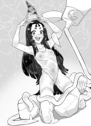 Rule 34 | ahorobo, armpits, arms up, blush, collarbone, covered erect nipples, covered navel, full body, greyscale, hat, highres, kaguya hime, kneeling, leotard, long hair, monochrome, open mouth, original, see-through, short eyebrows, smile, solo, sparkle, sweat, swimsuit, tagme, taketori monogatari, teeth, thick eyebrows, thighhighs, tongue, upper teeth only, very long hair